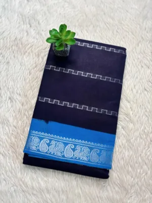 Madurai Sungudi Cotton Silver Veludhari Saree with Blouse - Blue/Blue