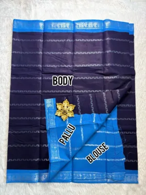 Madurai Sungudi Cotton Silver Veludhari Saree with Blouse - Blue/Blue1