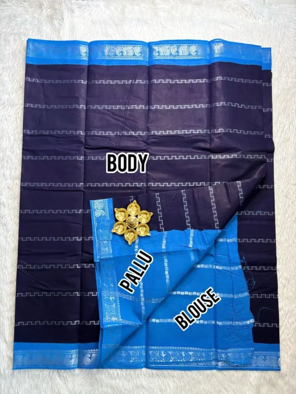 Madurai Sungudi Cotton Silver Veludhari Saree with Blouse - Blue/Blue1