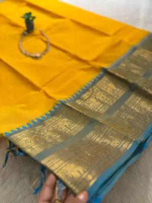 kanchi cotton saree with Running Blouse- Kanchi cotton- Yellow