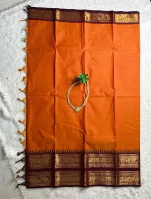 kanchi cotton saree with Running Blouse- Kanchi cotton- yellowish Brick red
