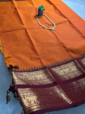 kanchi cotton saree with Running Blouse- Kanchi cotton- yellowish Brick red