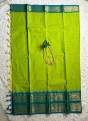 kanchi cotton saree with Running Blouse- Kanchi cotton- Parrot Green