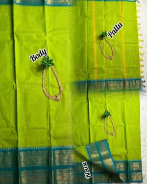 kanchi cotton saree with Running Blouse- Kanchi cotton- Parrot Green