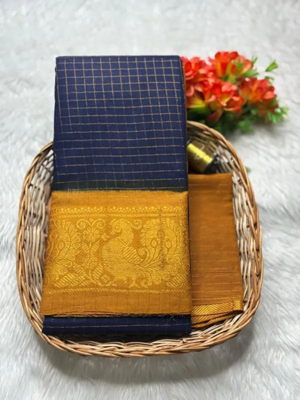 Madurai sungudi cotton Zari Check Contrast - Blue with Mustard yellow - zari check contrast1