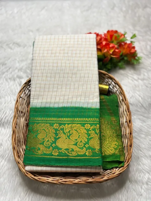 Madurai sungudi cotton Zari Check Contrast - White with green - zari check contrast1