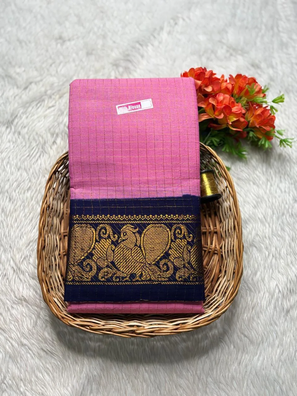 Madurai sungudi cotton Zari Check Contrast - Light pink with Blue - zari check contrast