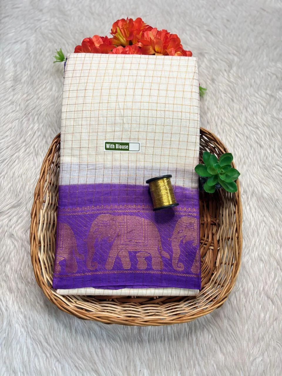 Madurai sungudi cotton Zari Check Contrast - White with lavender - zari check contrast