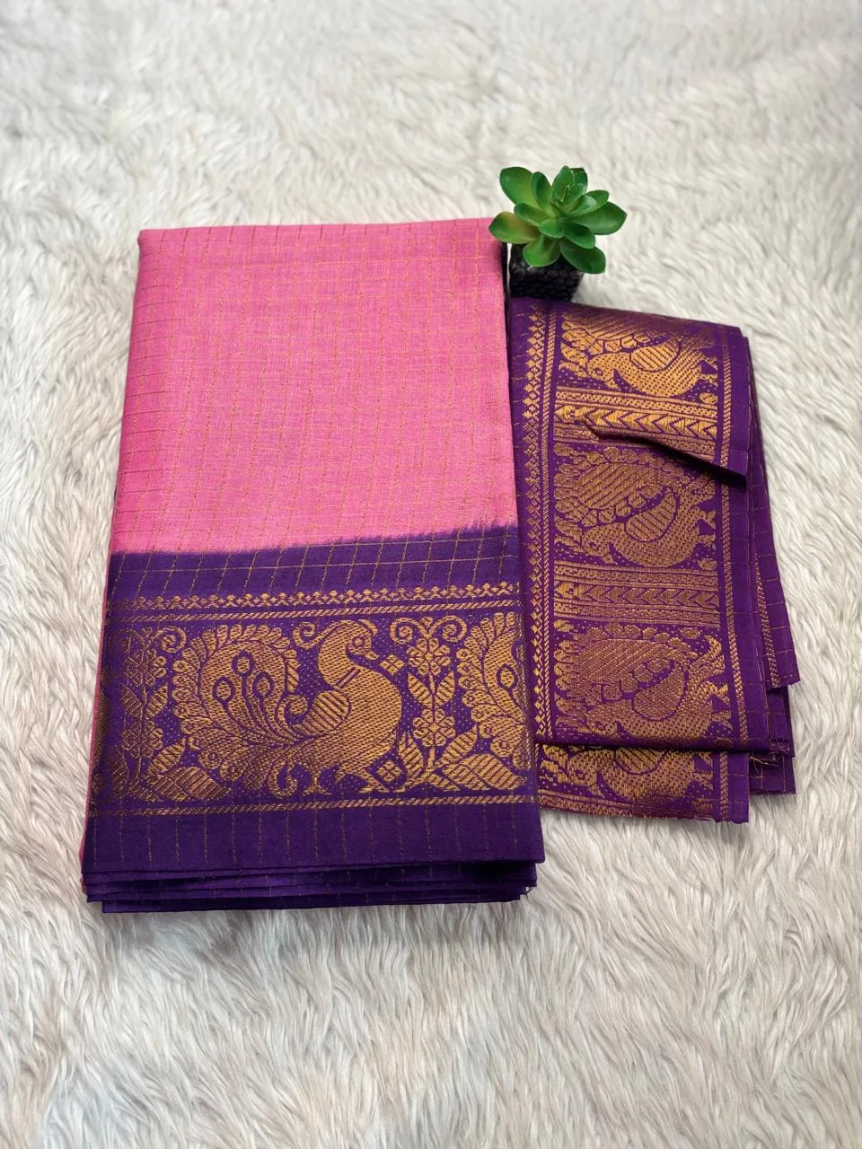 Madurai sungudi cotton Zari Check Contrast - Light pink with lavender - zari check contrast