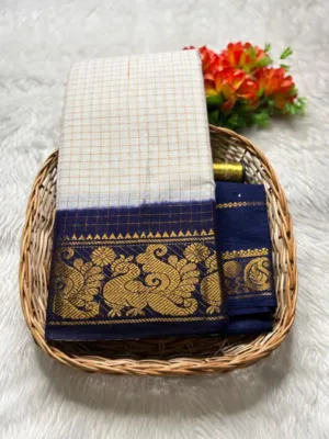 Madurai sungudi cotton Zari Check Contrast - White with blue - zari check contrast