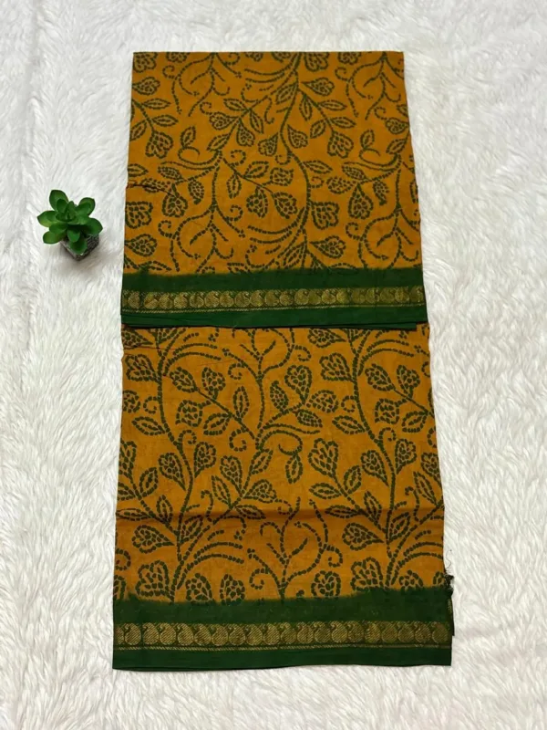 Madurai Sungudi Cotton ktprinted Sarees - Mustard Yellow with Green -ktprint