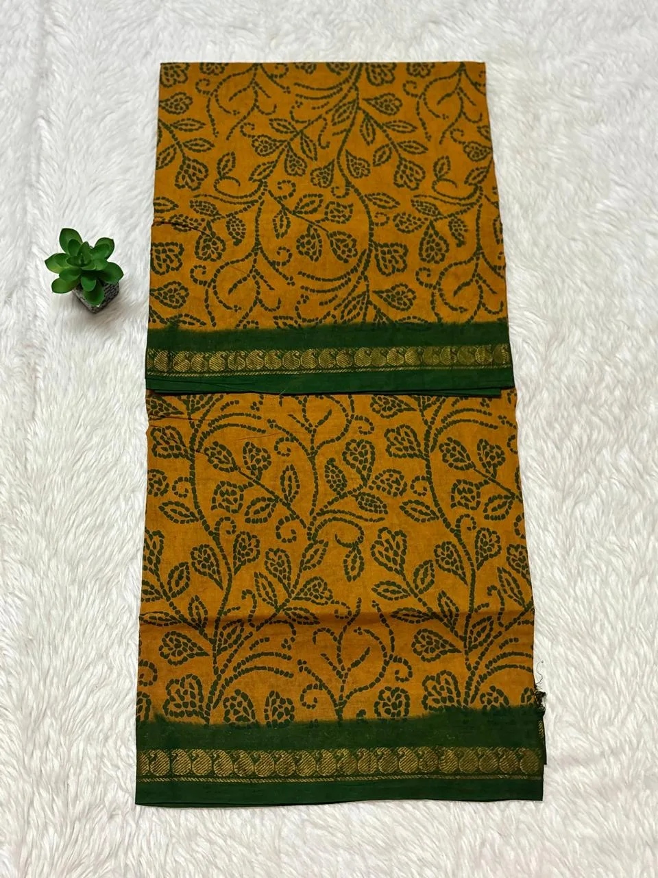 Madurai Sungudi Cotton ktprinted Sarees - Mustard Yellow with Green -ktprint