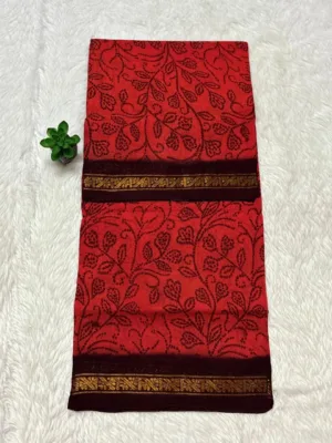 Madurai Sungudi Cotton ktprinted Sarees - Orange with Maroon(Leaf) -ktprint