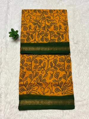 Madurai Sungudi Cotton ktprinted Sarees - Yellow with green(Leaf) -ktprint