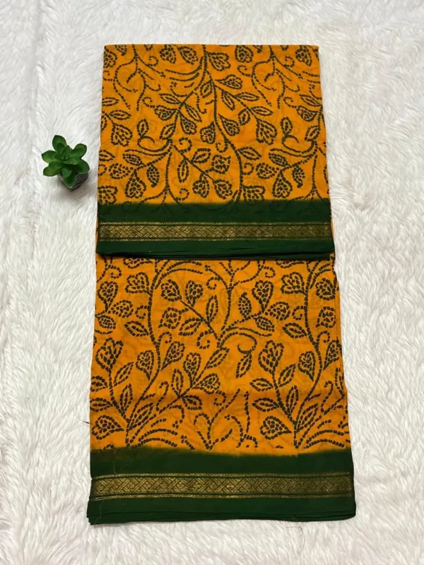 Madurai Sungudi Cotton ktprinted Sarees - Yellow with green(Leaf) -ktprint
