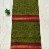 Madurai Sungudi Cotton ktprinted Sarees - Mehanthi green with Red(Leaf) -ktprint