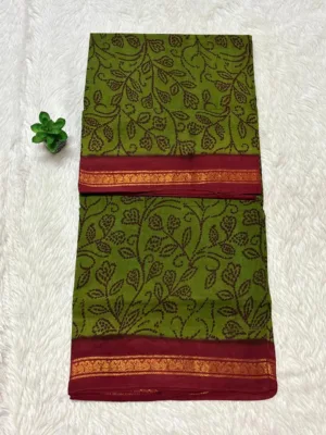 Madurai Sungudi Cotton ktprinted Sarees - Mehanthi green with Red(Leaf) -ktprint