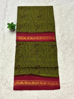 Madurai Sungudi Cotton ktprinted Sarees - Mehanthi green with Red(Tribal) -ktprint