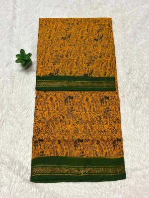 Madurai Sungudi Cotton ktprinted Sarees - Yellow with green(Tribal) -ktprint