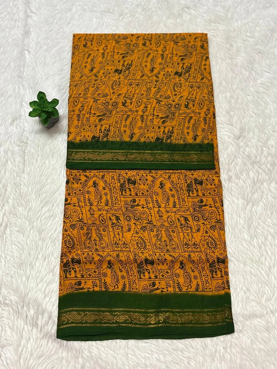 Madurai Sungudi Cotton ktprinted Sarees - Yellow with green(Tribal) -ktprint