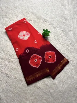 Madurai Sungudi Bandhini Soft cotton Sarees - Orange with Maroon -Bandhini