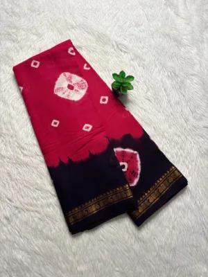 Madurai Sungudi Bandhini Soft cotton Sarees - Pink with Black -Bandhini