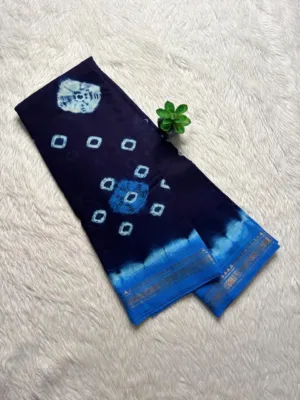 Madurai Sungudi Bandhini Soft cotton Sarees - Dark blue with Sky blue -Bandhini