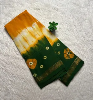 Madurai Sungudi Bandhini Soft cotton Sarees - Yellow with Green -Bandhini