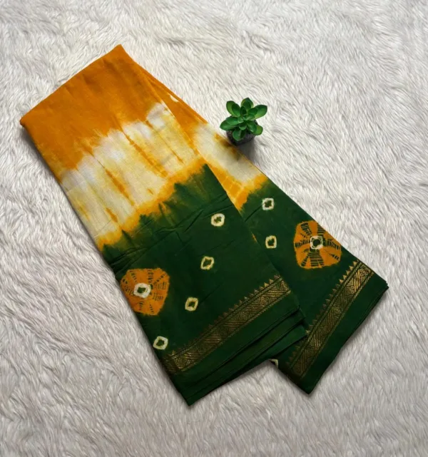 Madurai Sungudi Bandhini Soft cotton Sarees - Yellow with Green -Bandhini