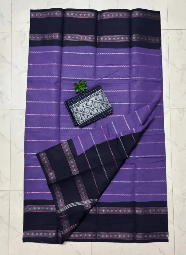 Madurai sungudi cotton Silver zari veludhari retta petta border saree - Lavender with blue