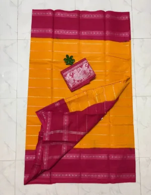 Madurai sungudi cotton Silver zari veludhari retta petta border saree - yellow with pink