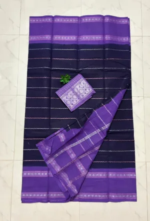 Madurai sungudi cotton Silver zari veludhari retta petta border saree - Blue with Lavender