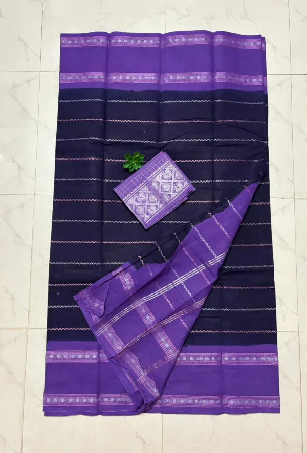 Madurai sungudi cotton Silver zari veludhari retta petta border saree - Blue with Lavender