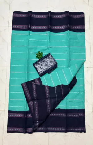Madurai sungudi cotton Silver zari veludhari retta petta border saree - Sea blue with blue