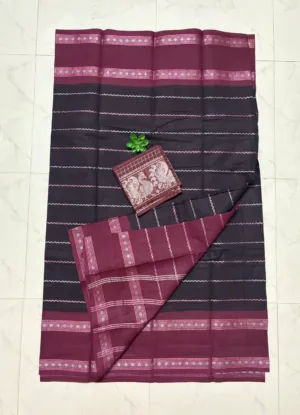 Madurai sungudi cotton Silver zari veludhari retta petta border saree - Black with Maroon