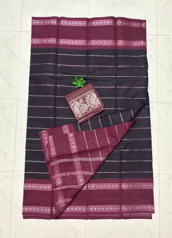 Madurai sungudi cotton Silver zari veludhari retta petta border saree - Black with Maroon