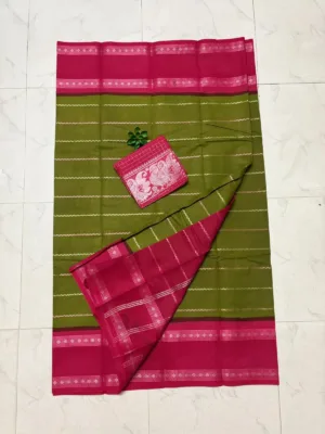 Madurai sungudi cotton Silver zari veludhari retta petta border saree - Mehandi green with pink