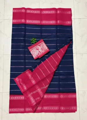 Madurai sungudi cotton Silver zari veludhari retta petta border saree - Blue with pink