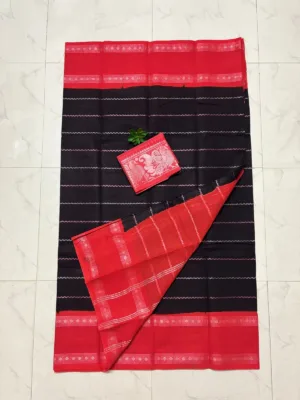 Madurai sungudi cotton Silver zari veludhari retta petta border saree - Black with Orange