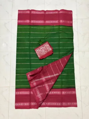Madurai sungudi cotton Silver zari veludhari retta petta border saree - Green with red