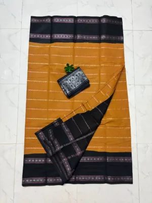 Madurai sungudi cotton Silver zari veludhari retta petta border saree - Mustard yellow with black