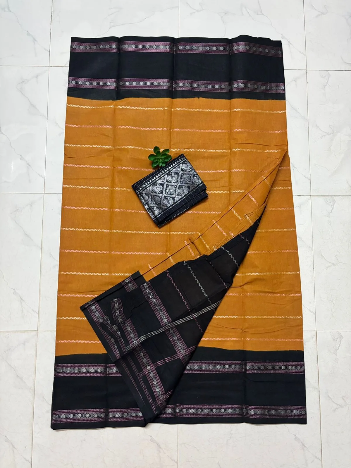 Madurai sungudi cotton Silver zari veludhari retta petta border saree - Mustard yellow with black