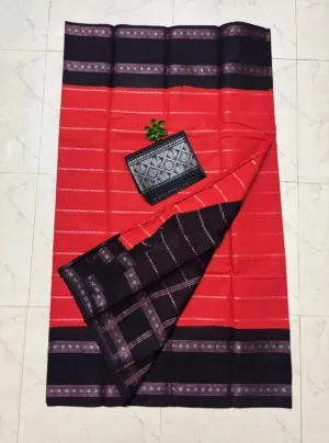 Madurai sungudi cotton Silver zari veludhari retta petta border saree - Orange with black