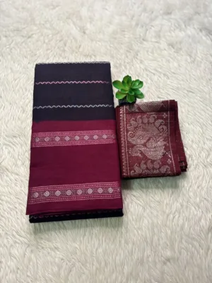Madurai sungudi cotton Silver zari veludhari retta petta border saree - Black with Maroon1