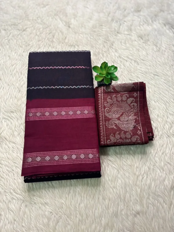 Madurai sungudi cotton Silver zari veludhari retta petta border saree - Black with Maroon1