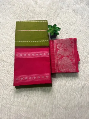 Madurai sungudi cotton Silver zari veludhari retta petta border saree - Mehandi green with pink