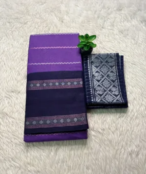 Madurai sungudi cotton Silver zari veludhari retta petta border saree - Lavender with blue1