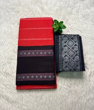 Madurai sungudi cotton Silver zari veludhari retta petta border saree - Orange with black1