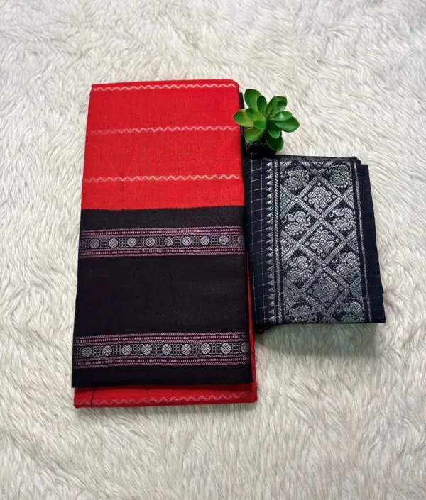 Madurai sungudi cotton Silver zari veludhari retta petta border saree - Orange with black1