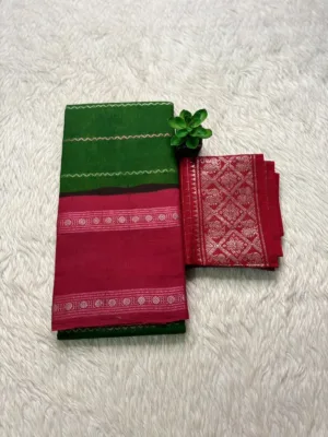 Madurai sungudi cotton Silver zari veludhari retta petta border saree - Green with red1